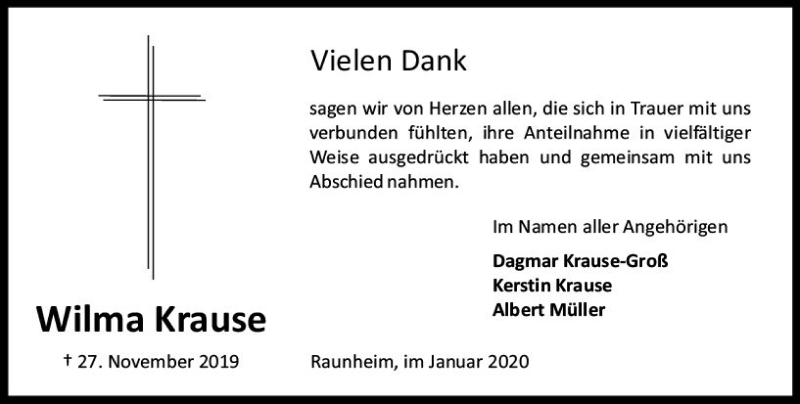  Traueranzeige für Wilma Krause vom 11.01.2020 aus vrm-trauer