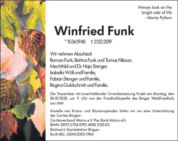 Traueranzeige von Winfried Funk von vrm-trauer