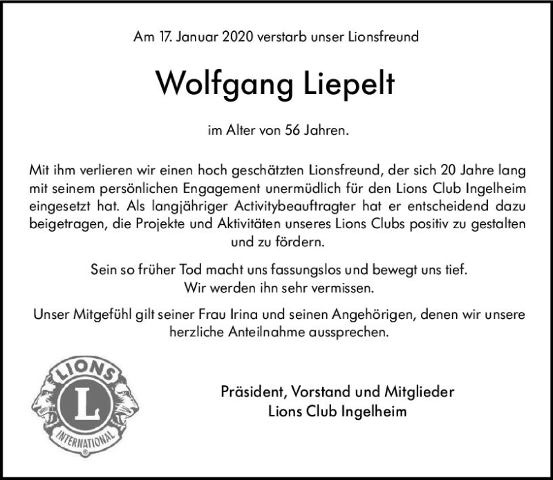  Traueranzeige für Wolfgang Liepelt vom 22.01.2020 aus vrm-trauer