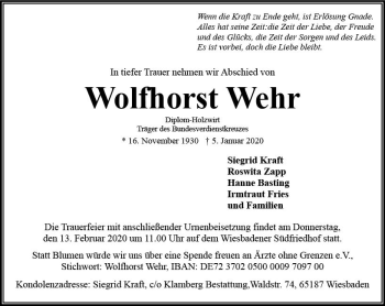 Traueranzeige von Wolfhorst Wehr von vrm-trauer