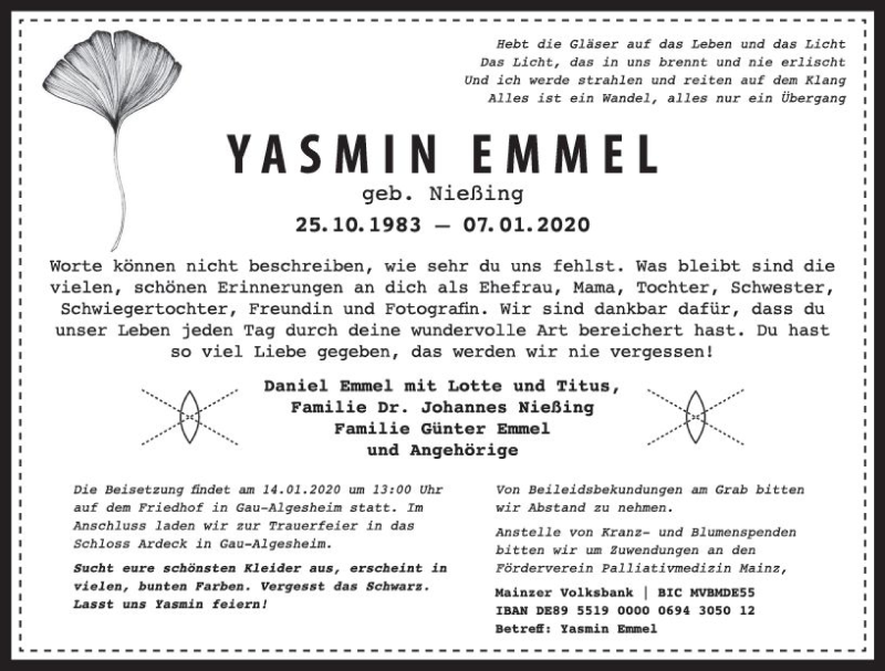  Traueranzeige für Yasmin Emmel vom 11.01.2020 aus vrm-trauer