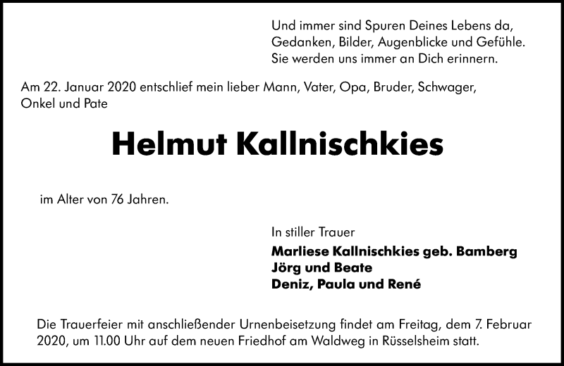  Traueranzeige für Helmut Kallnischkies vom 25.01.2020 aus VRM-TRAUER