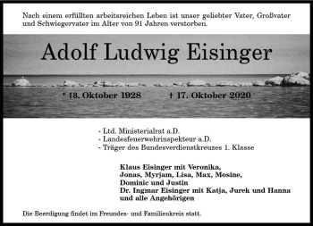 Traueranzeige von Adolf Ludwig Eisinger von vrm-trauer