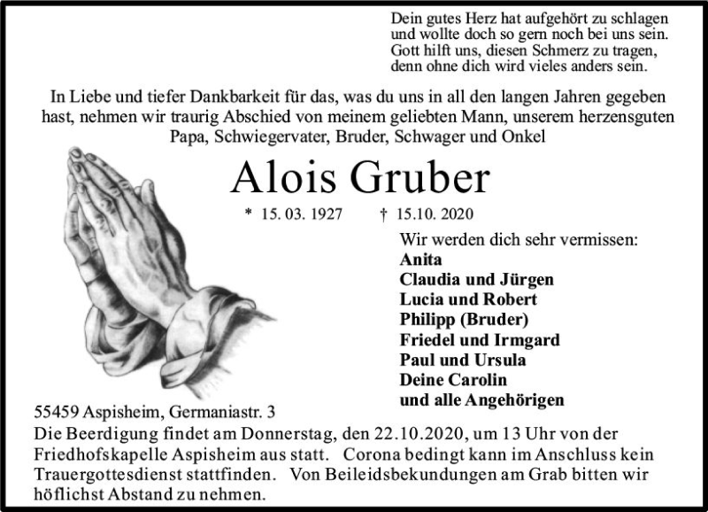  Traueranzeige für Alois Gruber vom 20.10.2020 aus vrm-trauer