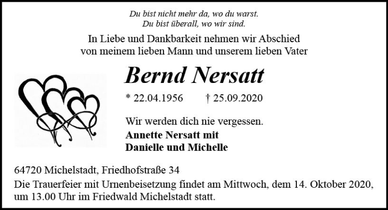  Traueranzeige für Bernd Nersatt vom 02.10.2020 aus vrm-trauer