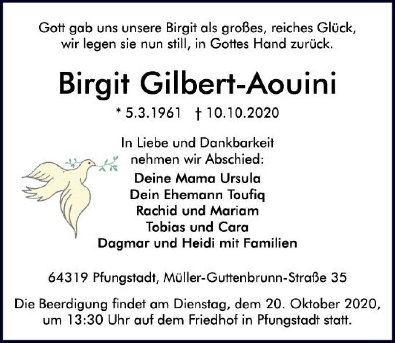  Traueranzeige für Birgit Gilbert-Aouini vom 17.10.2020 aus vrm-trauer