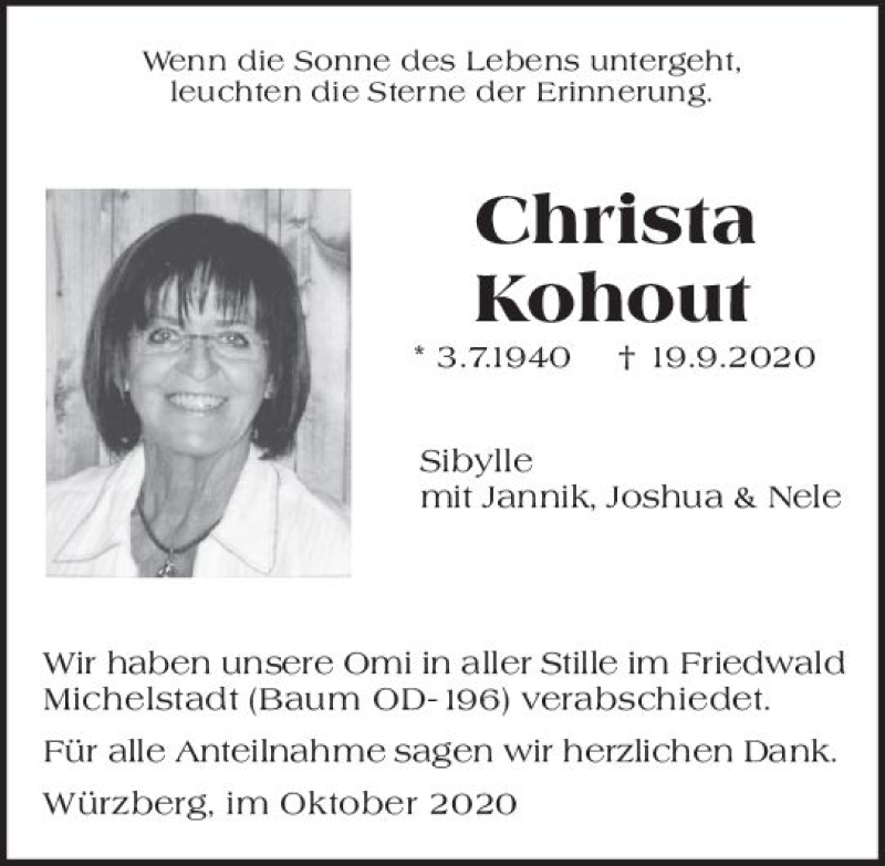  Traueranzeige für Christa Kohout vom 10.10.2020 aus vrm-trauer