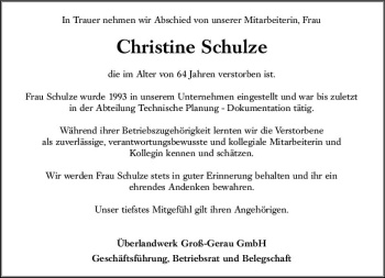 Traueranzeige von Christine Schulze von vrm-trauer