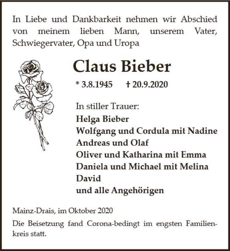  Traueranzeige für Claus Bieber vom 10.10.2020 aus vrm-trauer