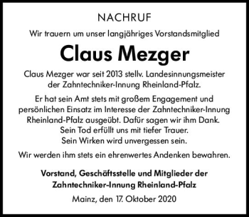 Traueranzeige von Claus Mezger von vrm-trauer