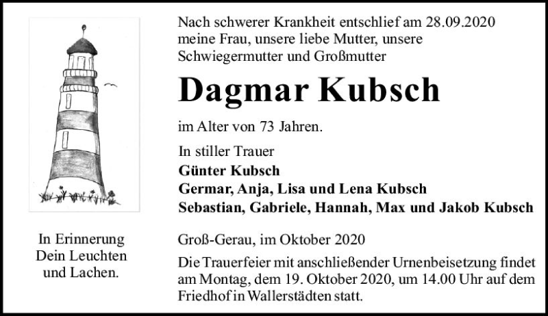  Traueranzeige für Dagmar Kubsch vom 02.10.2020 aus vrm-trauer