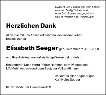 Traueranzeige von Elisabeth Seeger von vrm-trauer
