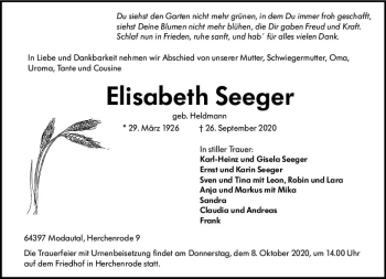 Traueranzeige von Elisabeth Seeger von vrm-trauer
