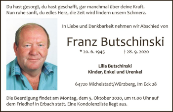 Traueranzeige von Franz Butschinski von vrm-trauer
