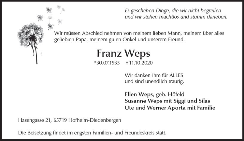  Traueranzeige für Franz Weps vom 23.10.2020 aus vrm-trauer