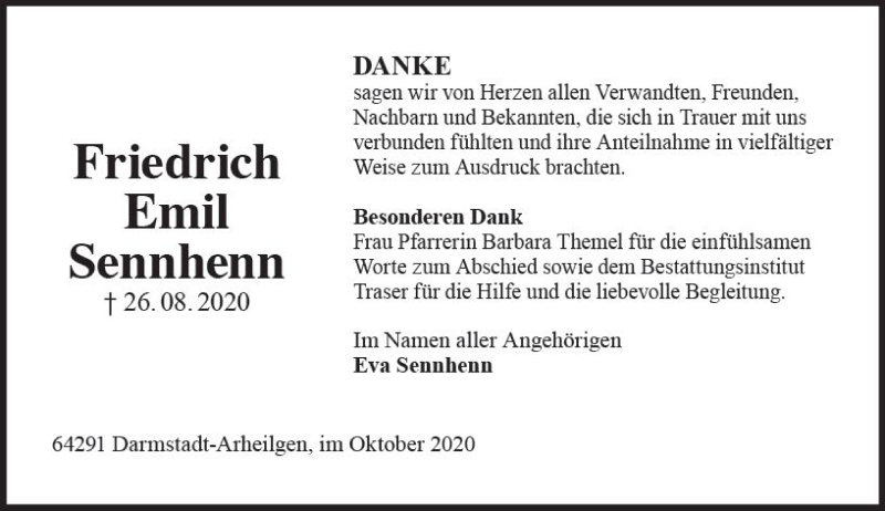  Traueranzeige für Friedrich Emil Sennhenn vom 10.10.2020 aus vrm-trauer