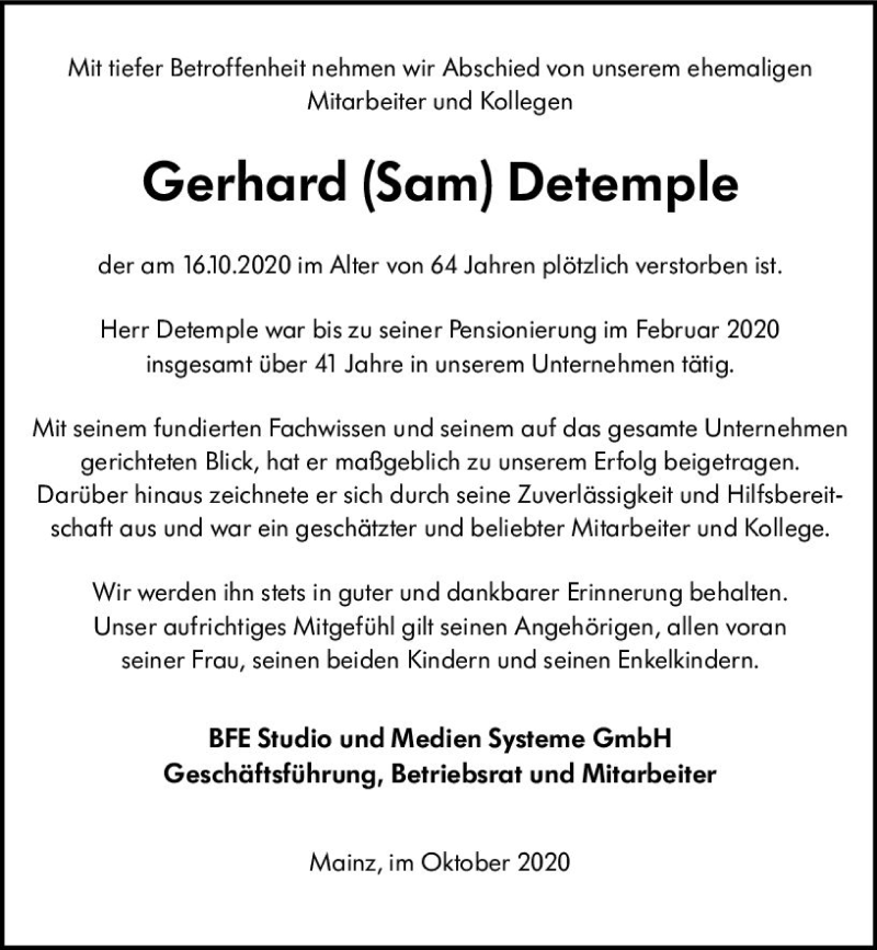  Traueranzeige für Gerhard  Detemple vom 22.10.2020 aus vrm-trauer