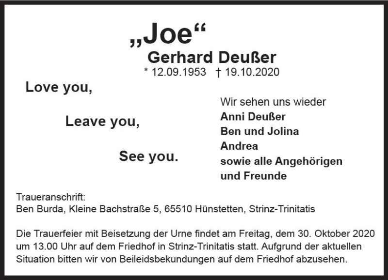  Traueranzeige für Gerhard Deußer vom 24.10.2020 aus vrm-trauer