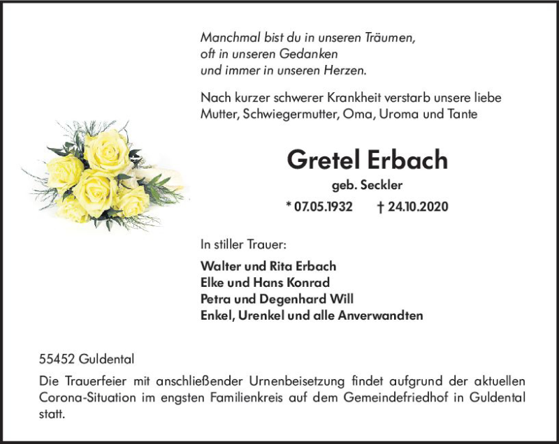  Traueranzeige für Gretel Erbach vom 29.10.2020 aus vrm-trauer