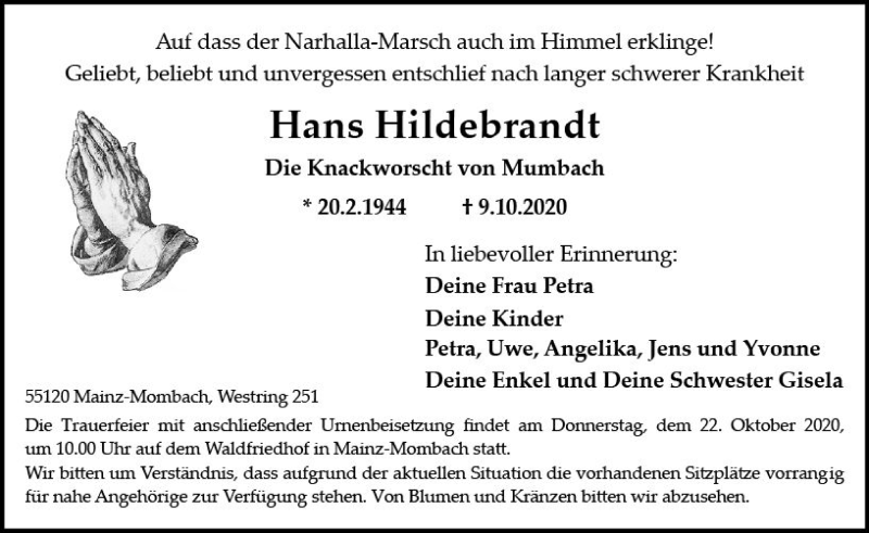  Traueranzeige für Hans Hildebrandt vom 17.10.2020 aus vrm-trauer
