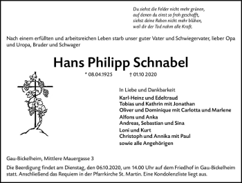 Traueranzeige von Hans Philipp Schnabel von vrm-trauer