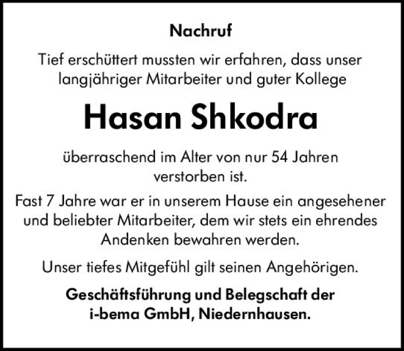  Traueranzeige für Hasan Shkodra vom 05.10.2020 aus vrm-trauer