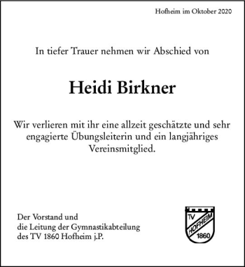 Traueranzeige von Heidi Birkner von vrm-trauer