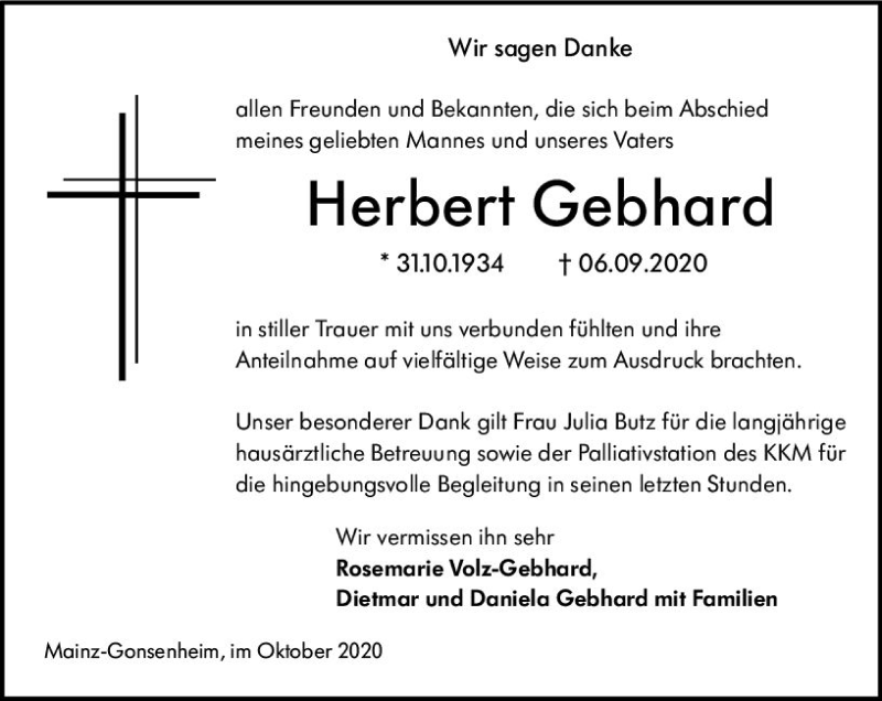  Traueranzeige für Herbert Gebhard vom 17.10.2020 aus vrm-trauer