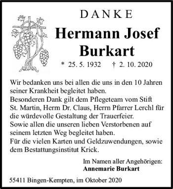 Traueranzeige von Hermann Josef Burkart von vrm-trauer