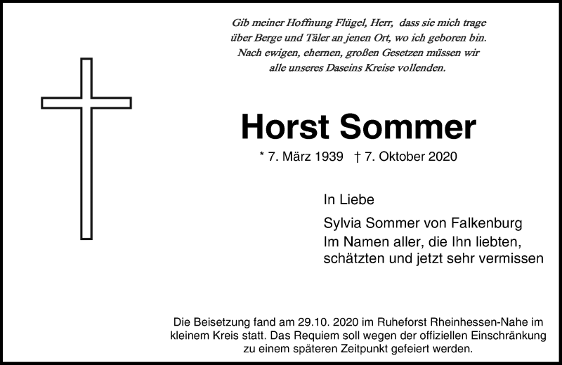 Traueranzeige für Horst Sommer vom 31.10.2020 aus vrm-trauer