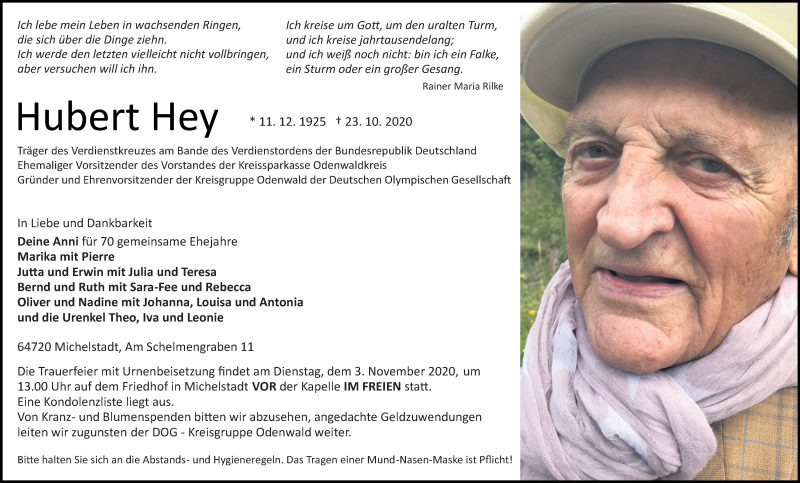  Traueranzeige für Hubert Hey vom 31.10.2020 aus vrm-trauer