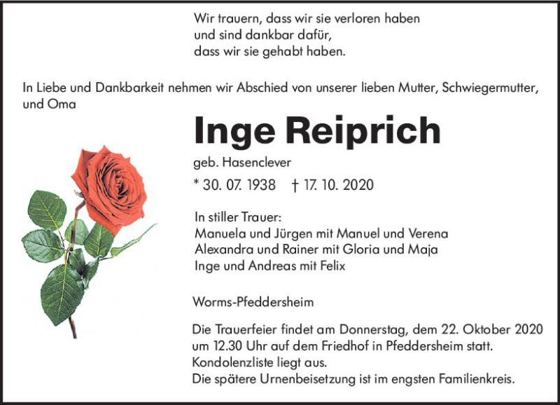  Traueranzeige für Inge Reiprich vom 20.10.2020 aus vrm-trauer