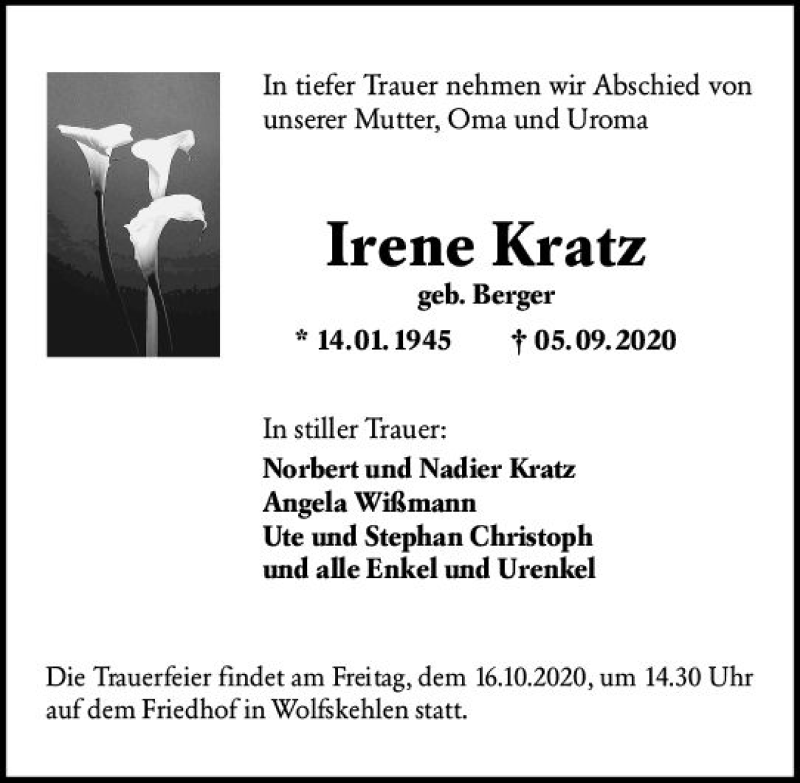  Traueranzeige für Irene Kratz vom 10.10.2020 aus vrm-trauer