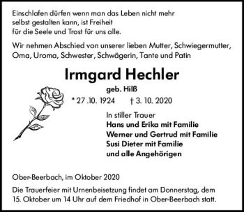 Traueranzeige von Irmgard Hechler von vrm-trauer