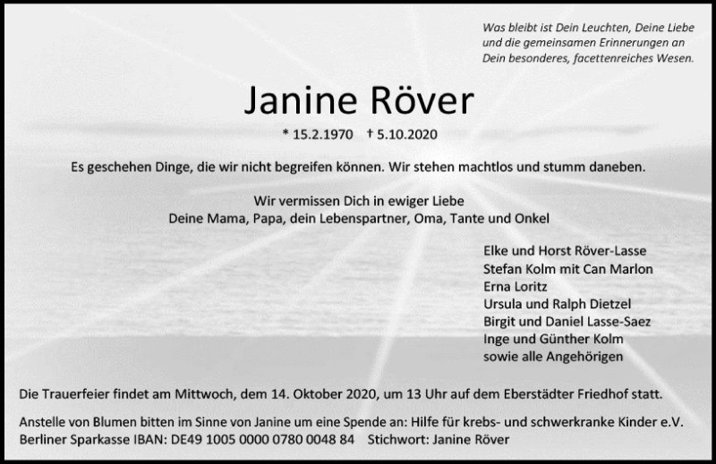  Traueranzeige für Janine Röver vom 10.10.2020 aus vrm-trauer