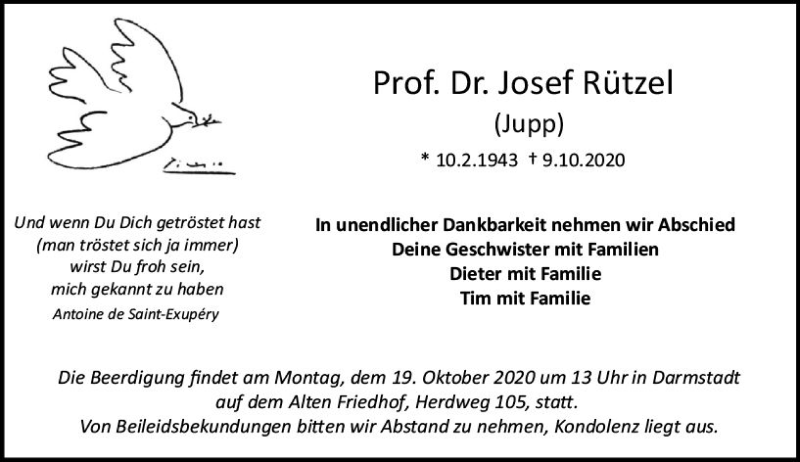  Traueranzeige für Josef Rützel vom 17.10.2020 aus vrm-trauer