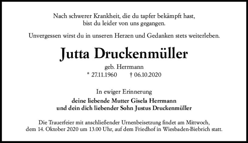  Traueranzeige für Jutta Druckenmüller vom 10.10.2020 aus vrm-trauer