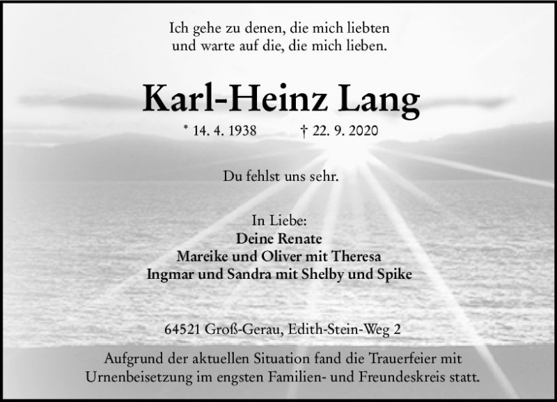  Traueranzeige für Karl-Heinz Lang vom 10.10.2020 aus vrm-trauer