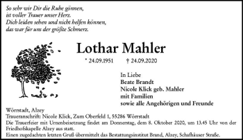 Traueranzeige von Lothar Mahler von vrm-trauer