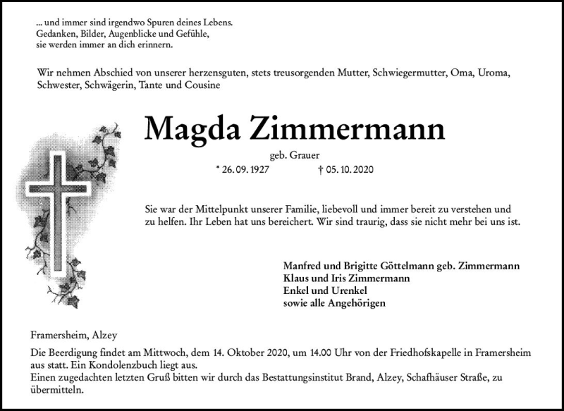  Traueranzeige für Magda Zimmermann vom 10.10.2020 aus vrm-trauer