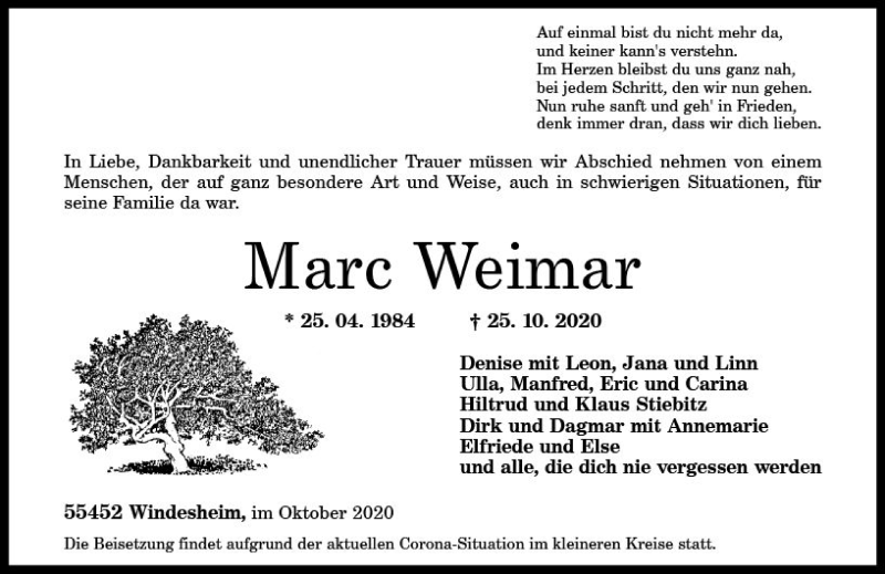  Traueranzeige für Marc Weimar vom 30.10.2020 aus vrm-trauer