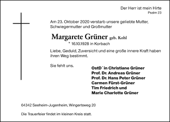 Traueranzeige von Margarete Grüner von vrm-trauer
