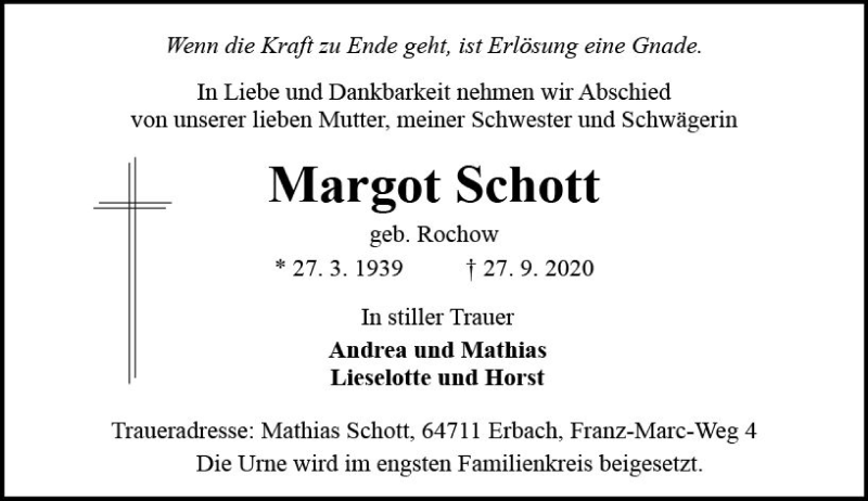  Traueranzeige für Margot Schott vom 10.10.2020 aus vrm-trauer