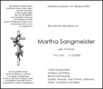 Traueranzeige von Martha Sangmeister von vrm-trauer