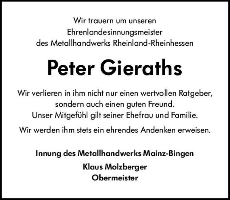  Traueranzeige für Peter Gieraths vom 17.10.2020 aus vrm-trauer