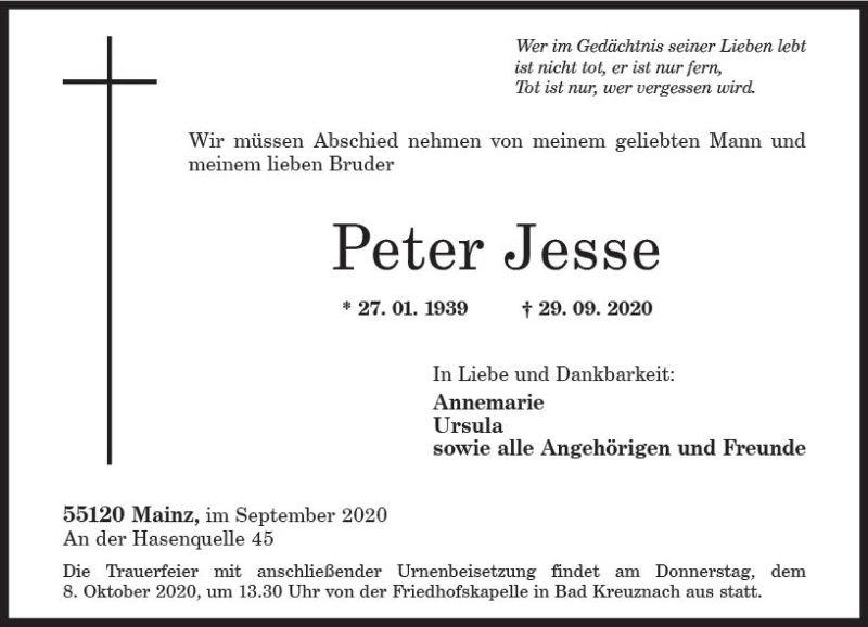 Traueranzeige für Peter Jesse vom 02.10.2020 aus vrm-trauer