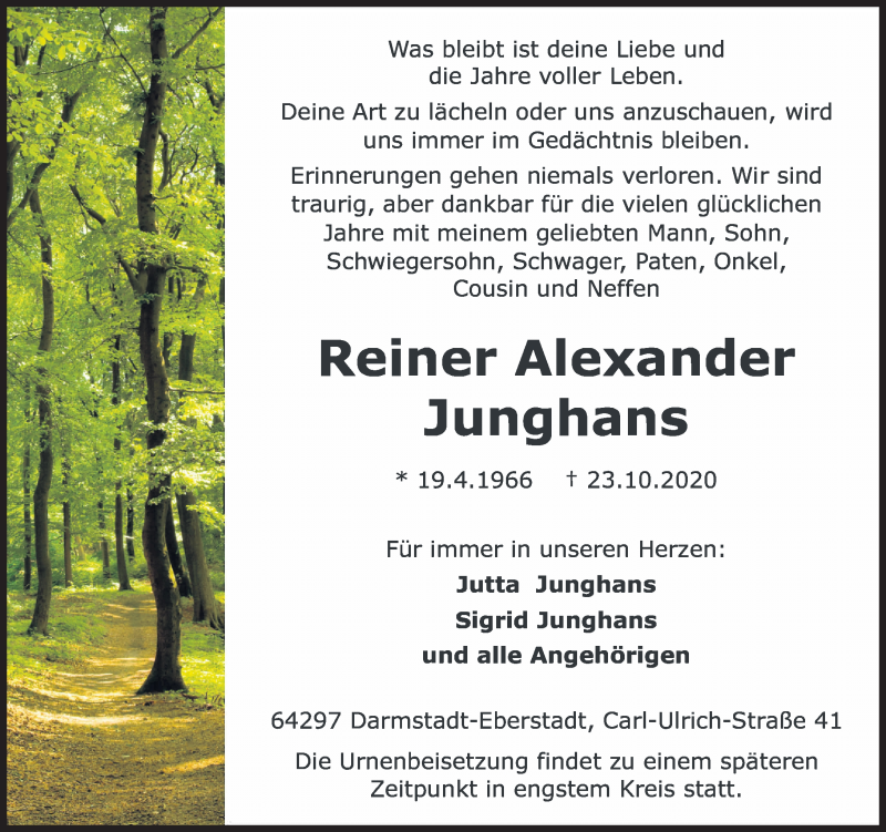 Traueranzeige für Reiner Alexander Junghans vom 31.10.2020 aus vrm-trauer