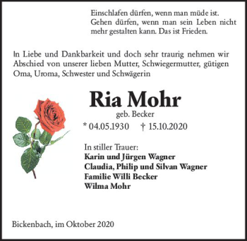 Traueranzeige von Ria Mohr von vrm-trauer