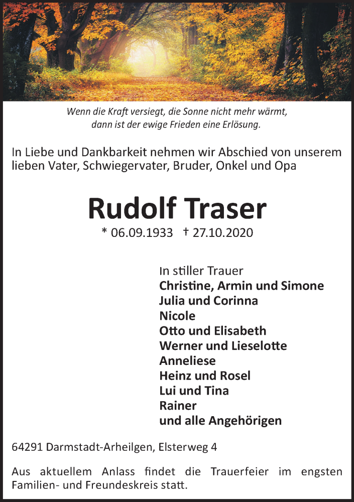  Traueranzeige für Rudolf Traser vom 31.10.2020 aus vrm-trauer