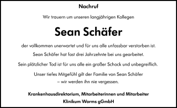 Traueranzeige von Sean Schäfer von vrm-trauer